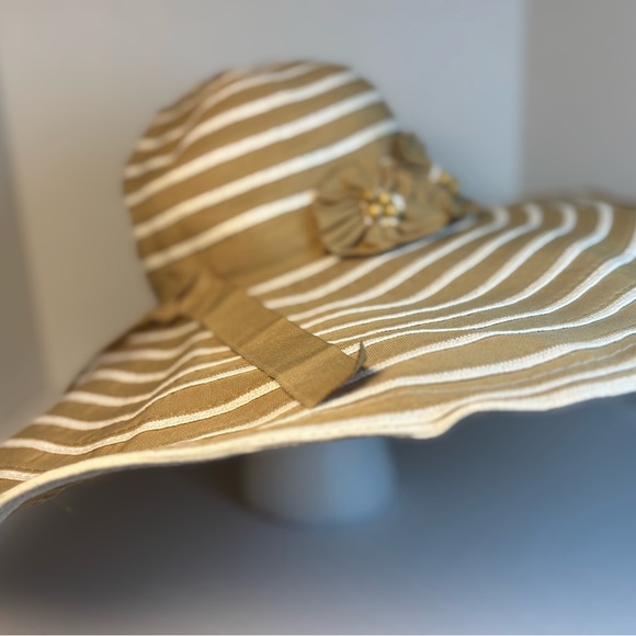 J Callahan Headwear OSFM Wide Brim Sun Beach Hat Tan Cream Stripe Beaded - Picture 3 of 9